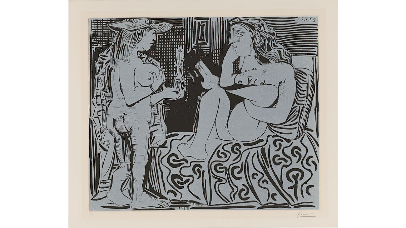 Pablo Picasso Deux femmes avec un vase à fleurs, 27 September 1959 Linoleum cut 62.3 × 75.4 cm Inv. no. 1093.209 Graphische Sammlung ETH Zürich Deposit Gottfried Keller-Stiftung, Schenkung Bloch, accession 1972; © Succession Picasso / 2025, ProLitteris, Zurich