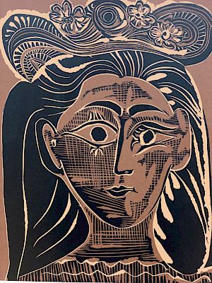 Pablo PicassoPortrait de Jacqueline au chapeau de paille fleuri, 1962Colour linocut62.5 × 44.3 cmInv. no. 1093.239Graphische Sammlung ETH ZürichDepositum Gottfried Keller-Stiftung, Schenkung Bloch,accession 1972;© Succession Picasso / 2025, ProLitteris, Zurich
