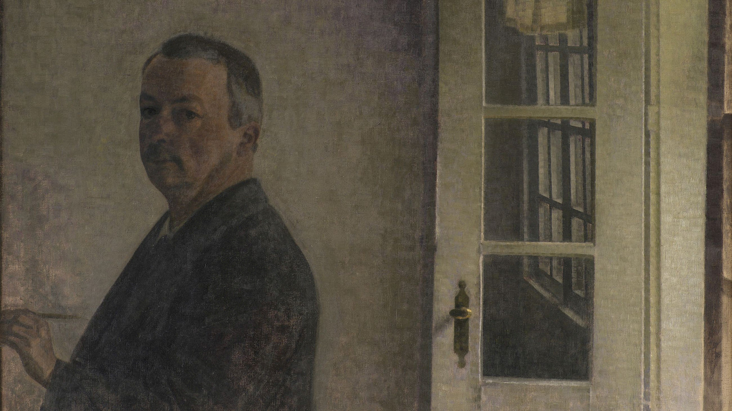 Vilhelm Hammershøi, Selbstporträt. Das Landhaus Spurveskjul in Sorgenfri, nördlich von Kopenhagen, 1911, Öl auf Leinwand, 126 x 149,5 cm, SMK, National Gallery of Denmark, Copenhagen, Foto: Statens Museum for Kunst, open.smk.dk, public domain